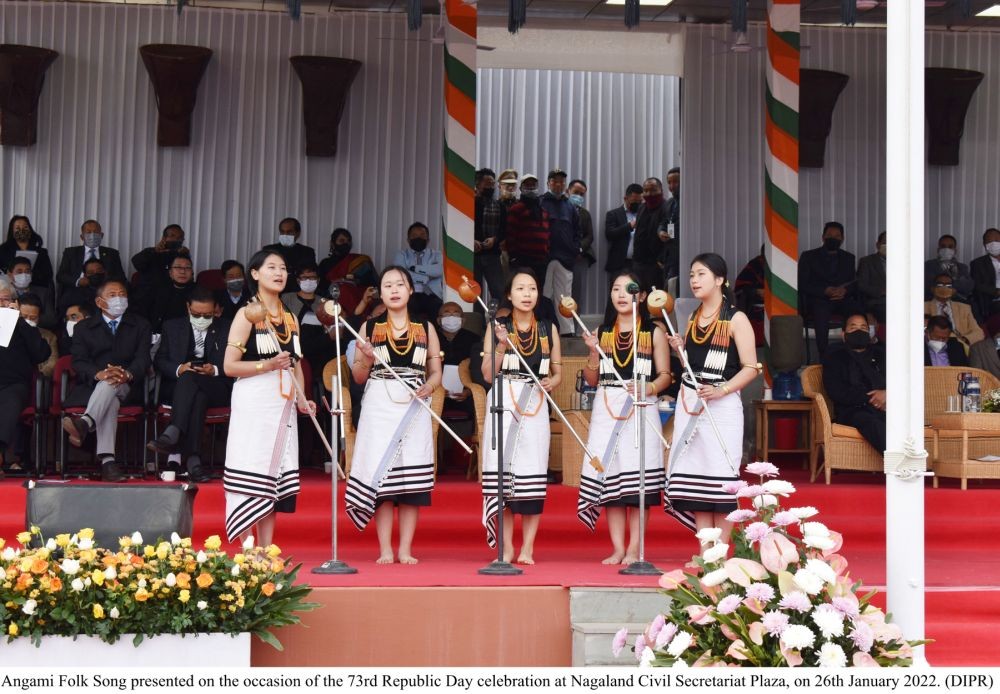 A cultural troupe presenting Angami folk song during the Republic Day celebration held at the Nagaland Civil Secretariat Plaza, Kohima on January 26. (DIPR Photo)